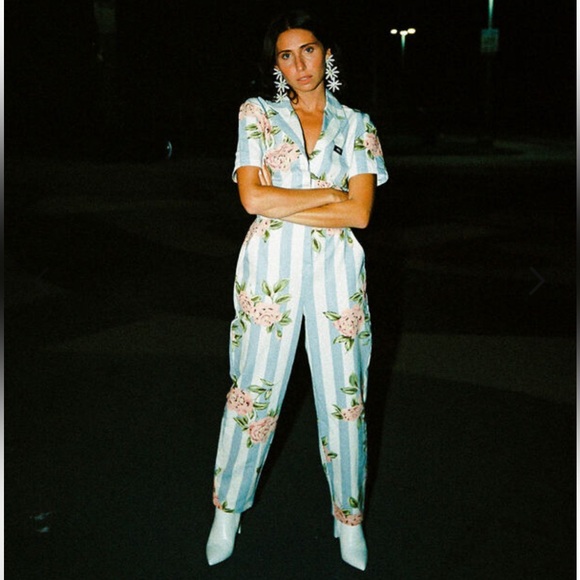 RVCA Nightshift Floral Denim Jumpsuit For Women Pink White Blue Size M - Picture 2 of 11